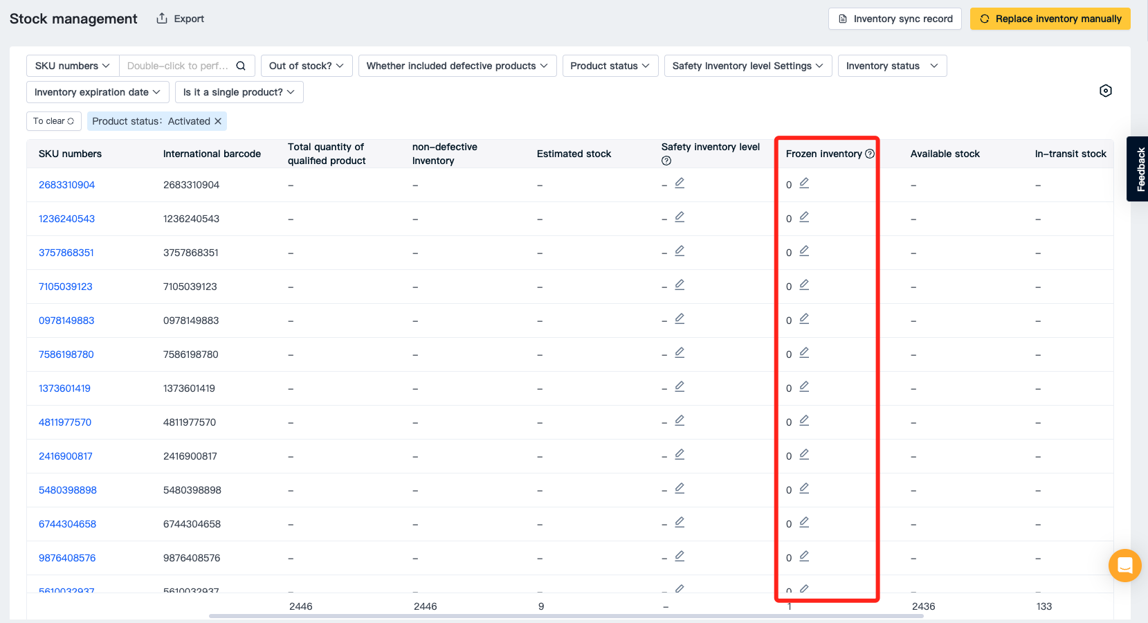 Inventory freeze OneWarehouse