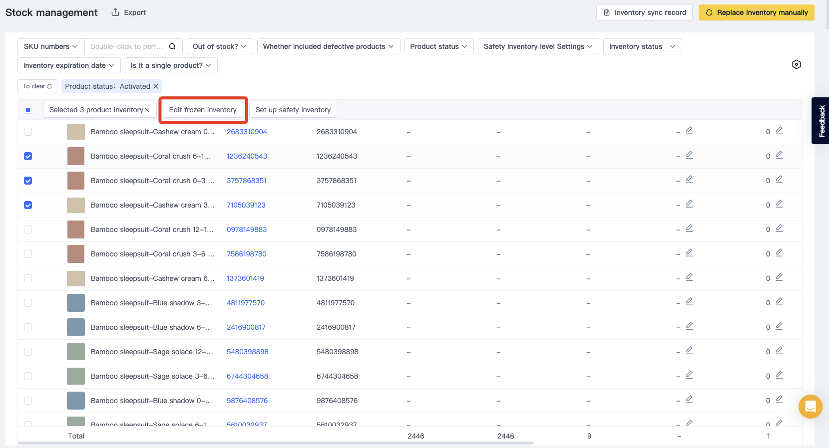 Inventory freeze OneWarehouse